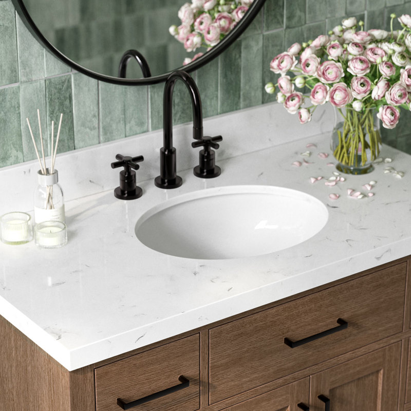 Thornaby 42'' Solid Wood Single Bathroom Vanity with 1.5'' Carrara Quartz Top, Oval, Brown Oak / Matte Black