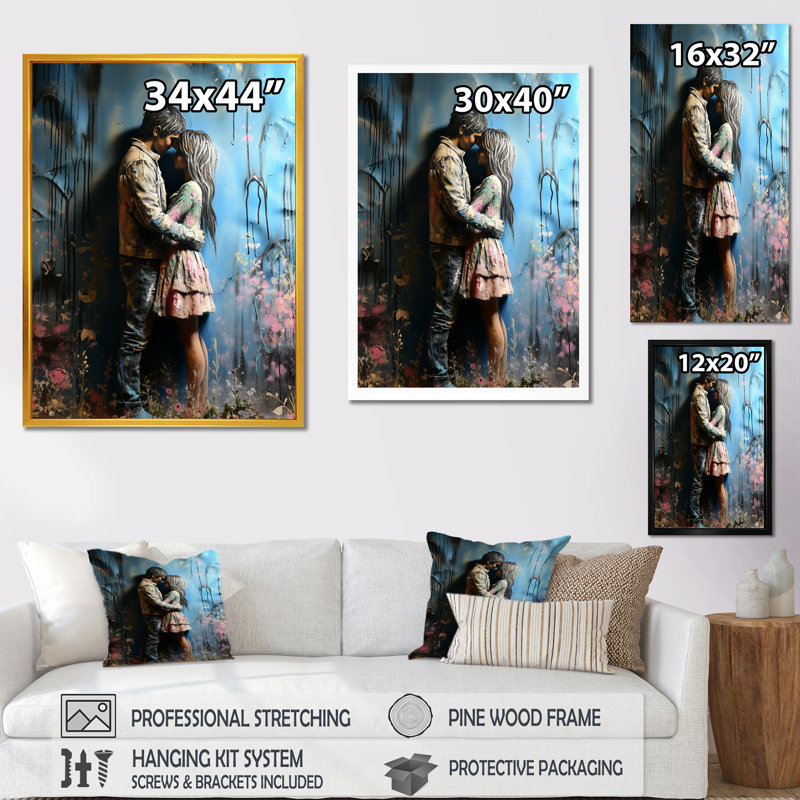 «Street Art Romantic Couple», Cadre flottant noir, H 44 po x l 34 po x P 1,5 po