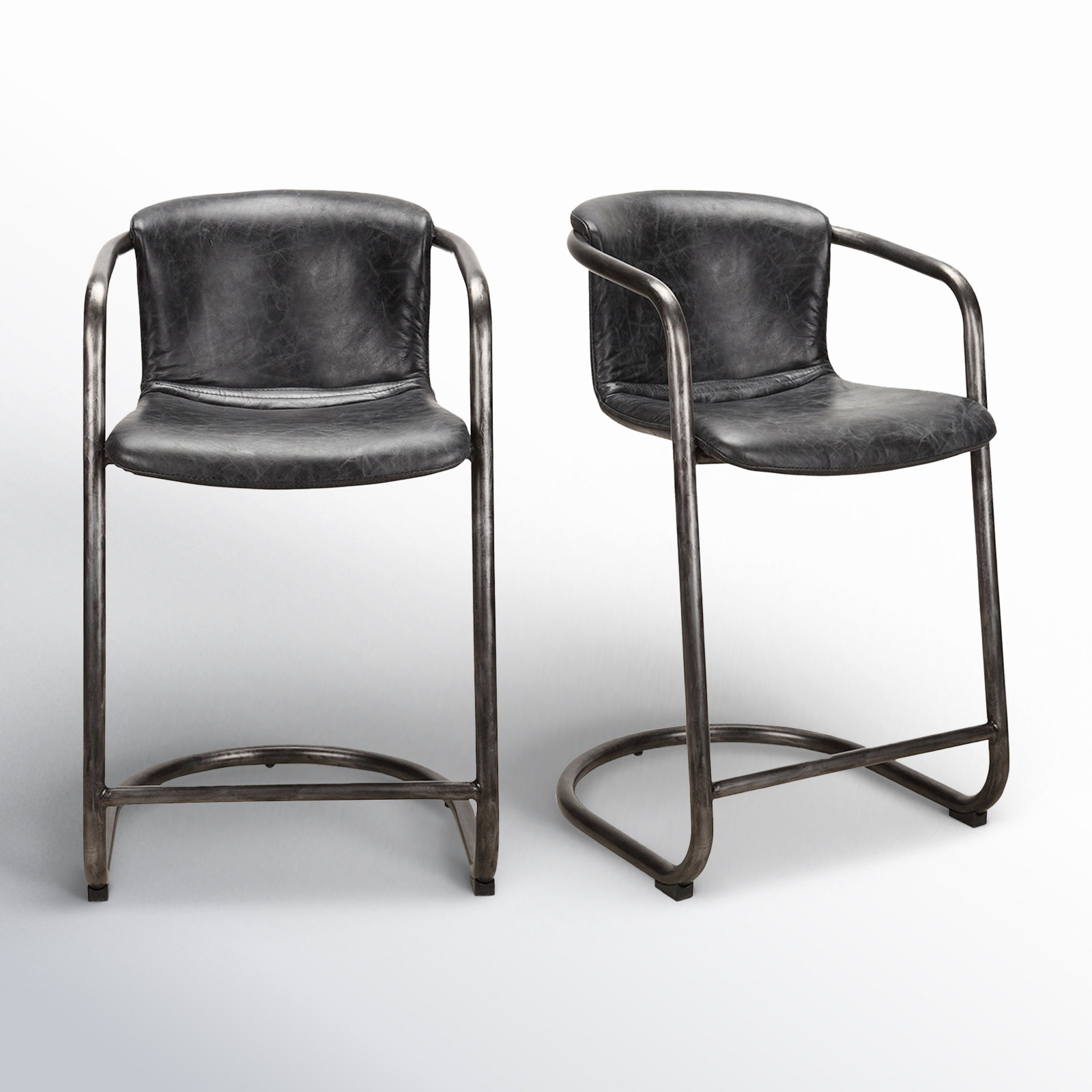 Higbee Genuine Leather Bar Stool, Counter Stool (25" Seat Height), Black Genuine Leather