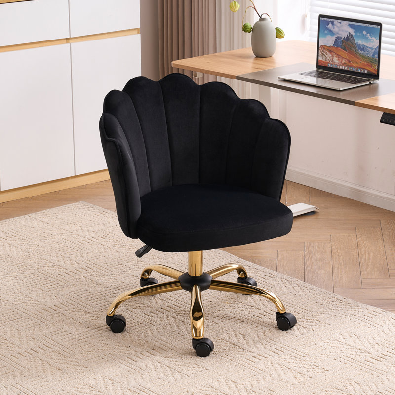 Chaise de bureau pivotante en velours Izdyhaar avec dossier capitonné, Noir, noir, noir, noir
