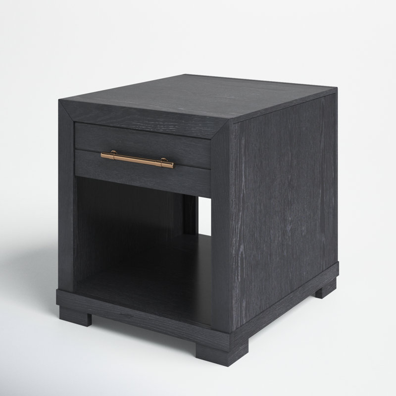 Charred Oak Rectangular End Table with Storage and Pewter Bar Pull