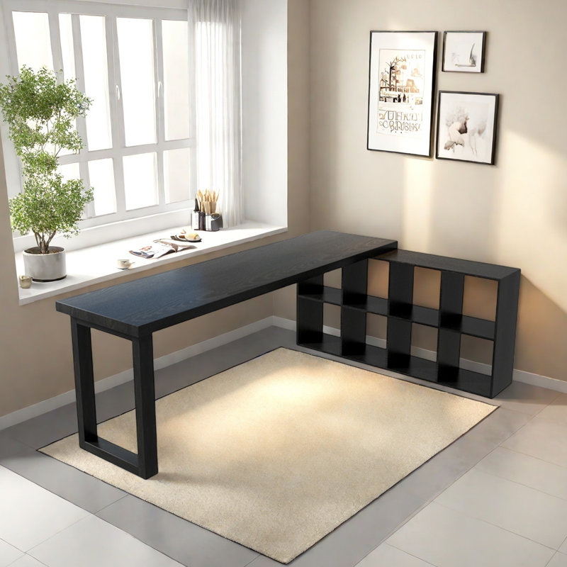 Bureau et bibliothèque simples en L en bois massif noir intégré, H 29,53 po x l 62,99 po x P 47,24 po