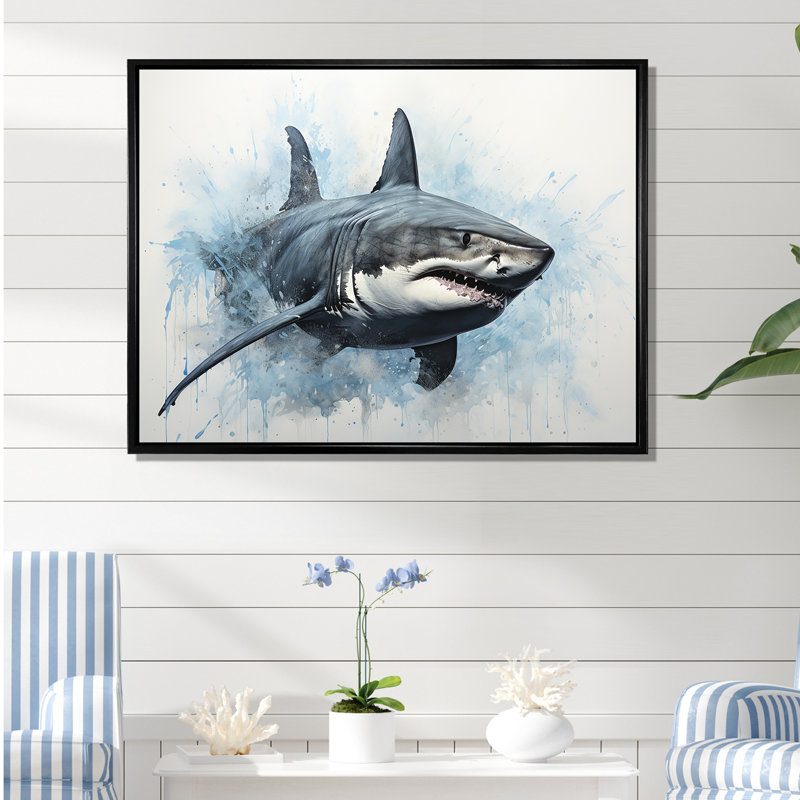 " Minimalism Blue Shark Painting I ", 24" H x 32" W x 1" D, Black Floater Framed