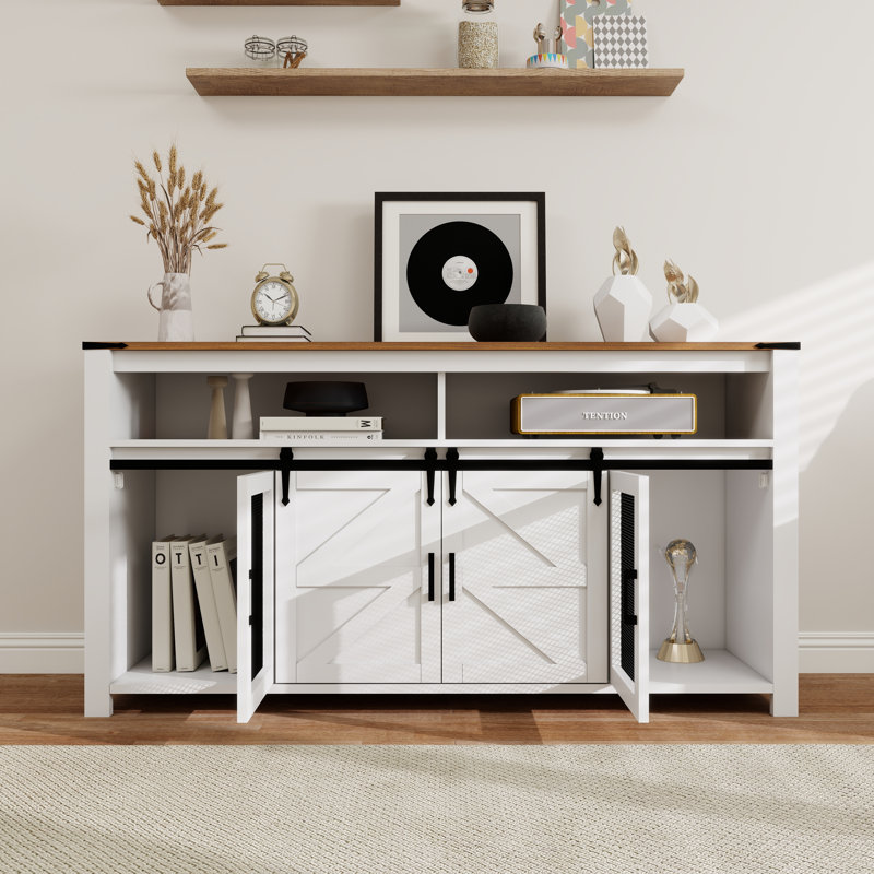 59'' Farmhouse Wooden Sideboard With Sliding Barn Door And Mesh Panels, White/Brown