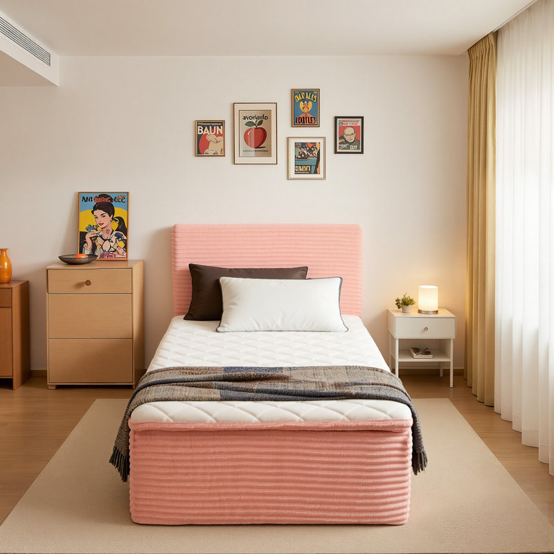 Lit plateforme tapissier tout-en-un rembourré avec matelas en mousse et lit de compression, Lit simple, Rose