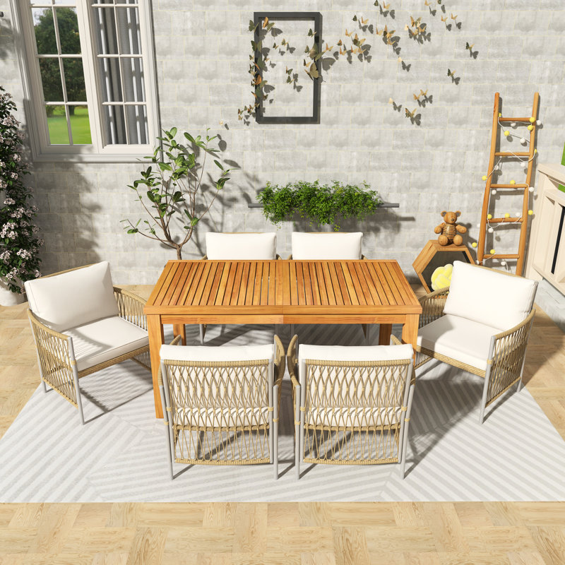7-Piece Rectangular Outdoor Patio Dining Set With Rattan Arm Chairs, 6