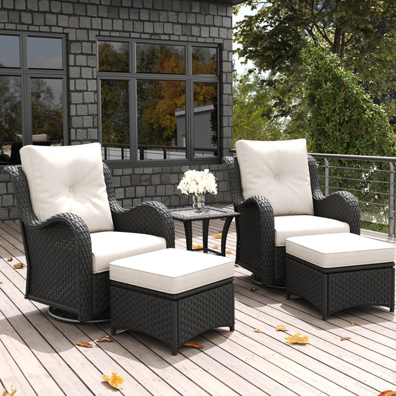 LayinSun 5 Piece Outdoor Wicker Swivel Chair With Ottoman, Beige, Black