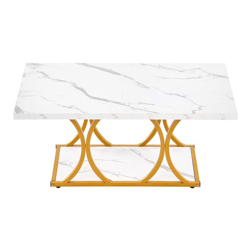 Table basse, table basse moderne en faux marbre, grand bureau central rectangulaire à 2 niveaux avec pieds géométriques, bureau d'appoint minimaliste et robuste en métal pour le salon, le bureau, facile à assembler