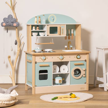 Lil' Jumbl Kids Kitchen Set, Pretend Wooden Play Kitchen with Chalk Board,  Play Phone, Towel Rack & Ice Dispenser, Clicking Knobs, Pots & Utensils