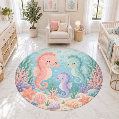 "Ultra Thin" 6' x 6' Seahorse Coral Reef Round Area Rug, Soft Low Pile Indoor Rug with Non-Slip Silicone Backing for Nursery, Kids Room and Playroom Decor