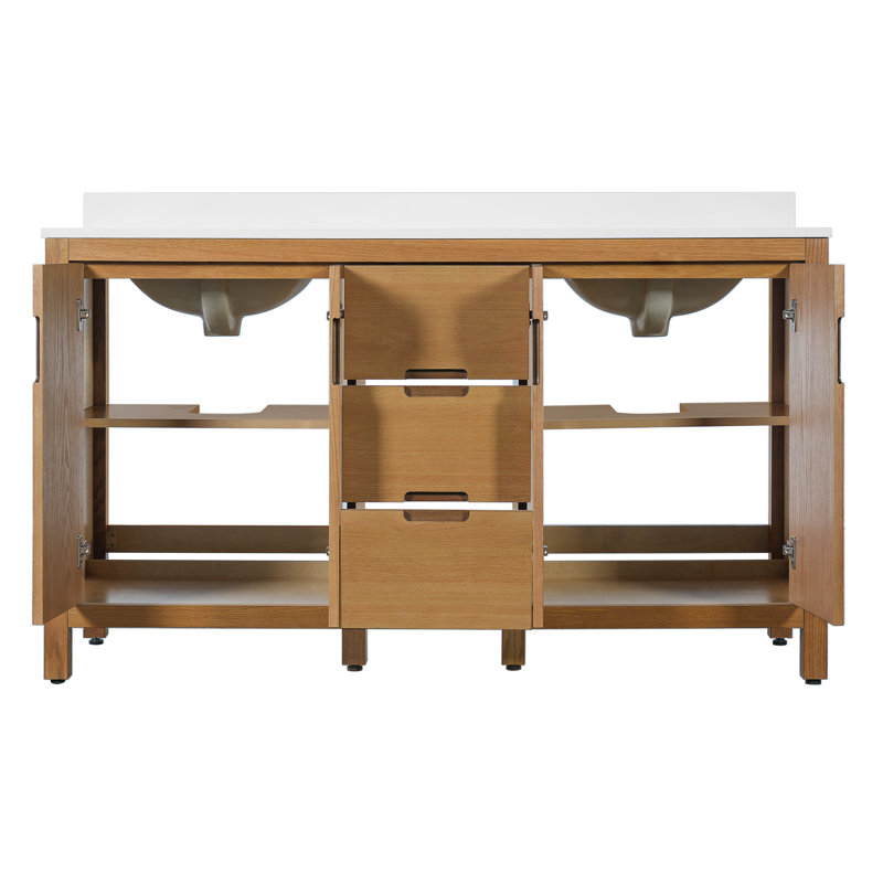 Meuble-lavabo double 60 po avec lavabo en céramique 60 po, Chêne naturel