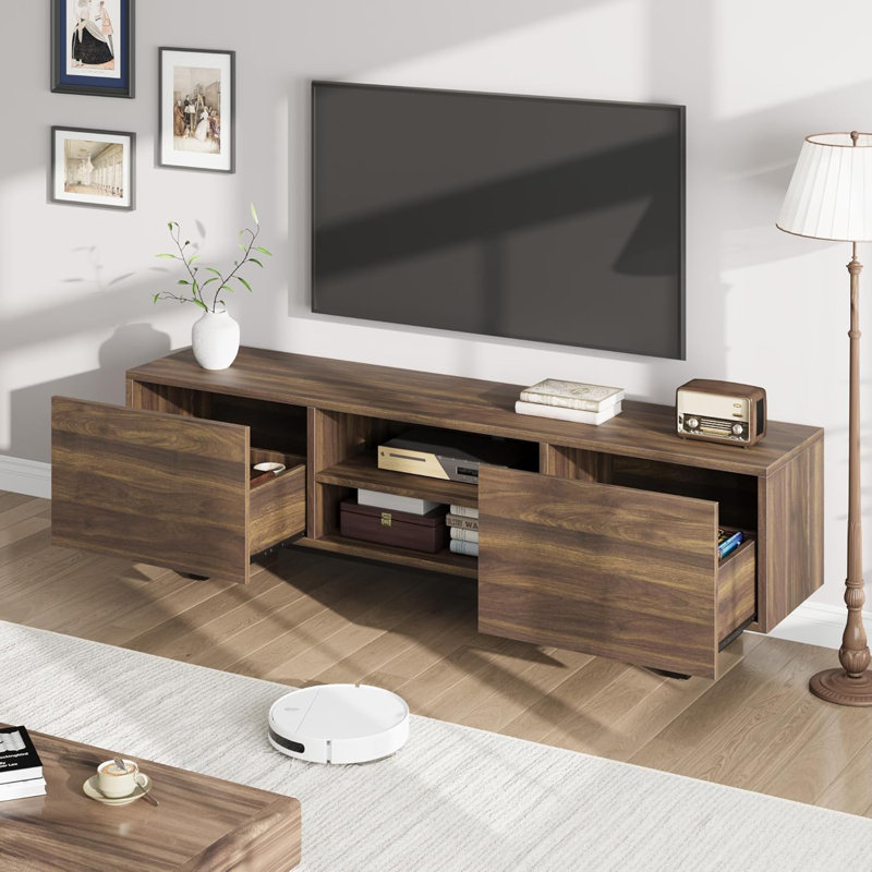 Meuble télé industriel pour téléviseur de 80 pouces, centre de divertissement moderne avec 2 tiroirs et rangement ouvert pour le salon
