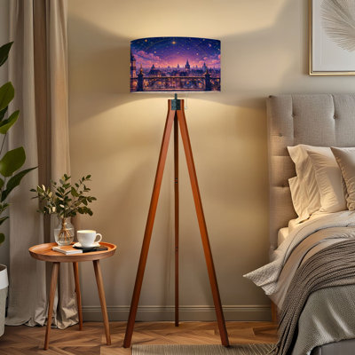  Tripod Standing Lamp Magical Twilight Cityscape Starry Sky Gothic Architecture Remote Controlled Dimmable LED Floor Lamp with Beech Wood Legs & Detachable Linen Shade for Farmhouse Apartment Living Room and Bedroom