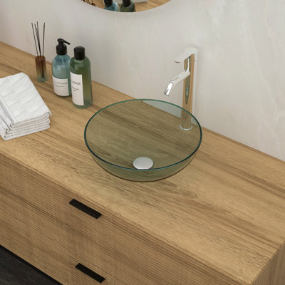 Lavabo de salle de bain vasque en verre trempé avec robinet chromé et drain escamotable, transparent