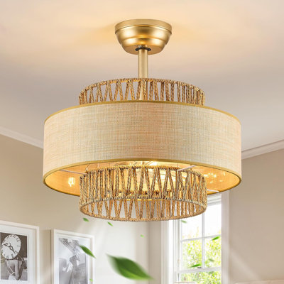 Fandelier Ceiling Fans With Light And Remote Gold Enclosed Caged Ceiling Fan With Light Rattan Chandelier Fan For Bedroom，Living Room，Kitchen（6 Speeds Bladeless Ceiling Fan ）