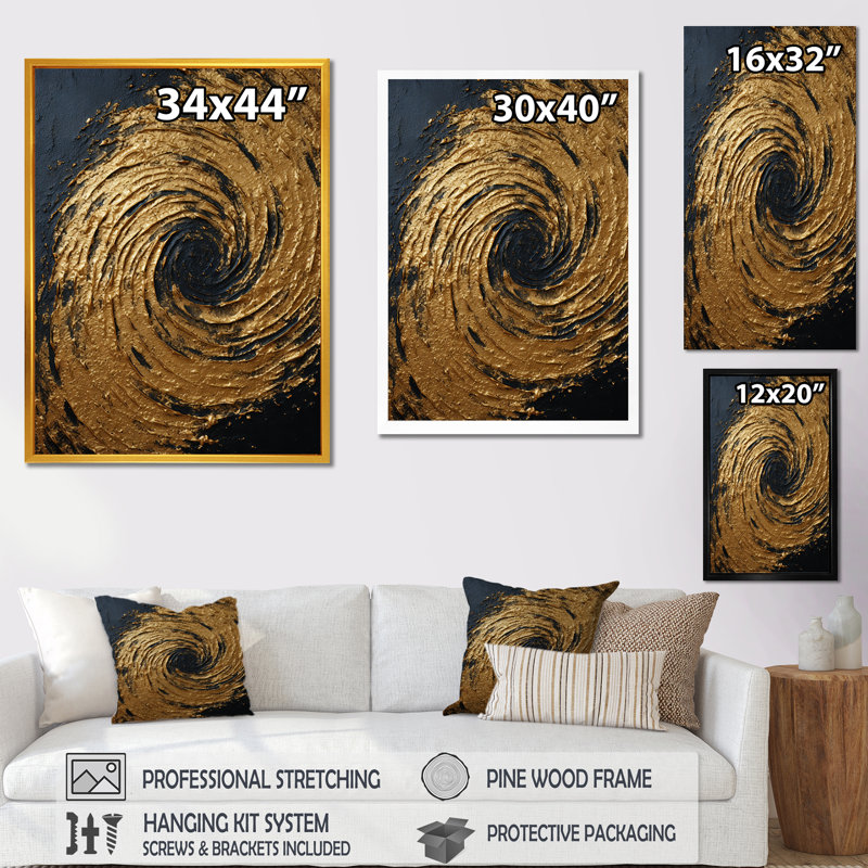 Or et noir abstrait spirale Smph - Art abstrait spirales murales, Cadre simple noir, H 32 po x l 16 po x P 1 po