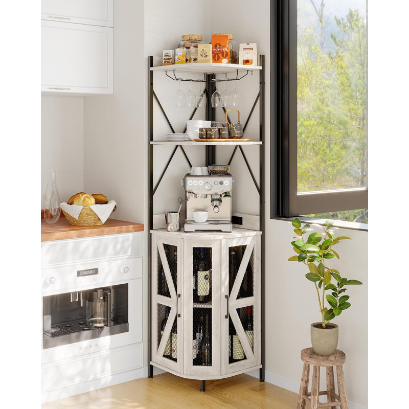 Corner Bar Cabinet Storage Space and Detachable Wine Rack Farmhouse Style Coffee Cabinet for Dining Room Living Room Kitchen White
