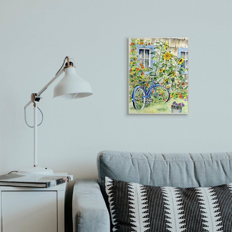 Vélo sur des tournesols traditionnels - Impression sur toile, H 19 po x l 13 po, Plaque murale