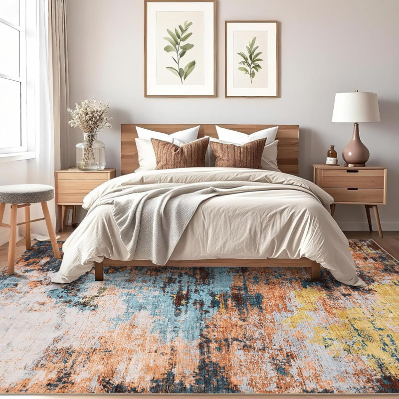 Abstract Art-Inspired Thin Indoor Rug, Distressed Oil Painting Pattern Low Pile Area Mat with Soft Surface, Easy to Clean & Stain Resistant for Living Room, Bedroom, Entryway, Study