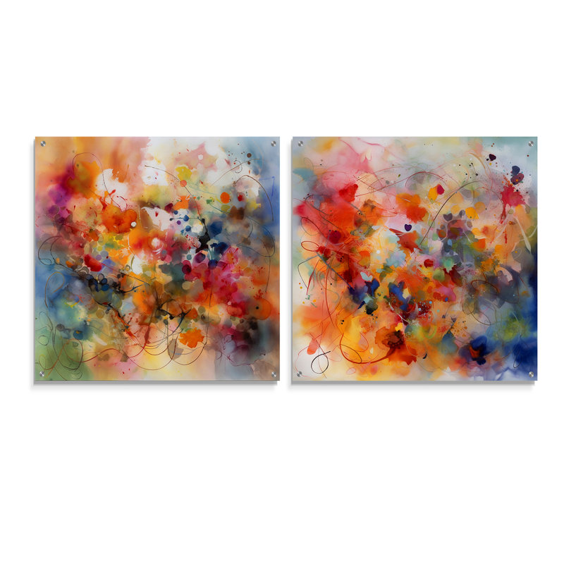 «Colorful Transformations Of Flow I» - Ensemble de 2 art mural en acrylique à encre liquide abstraite, H 36 po x l 73 po