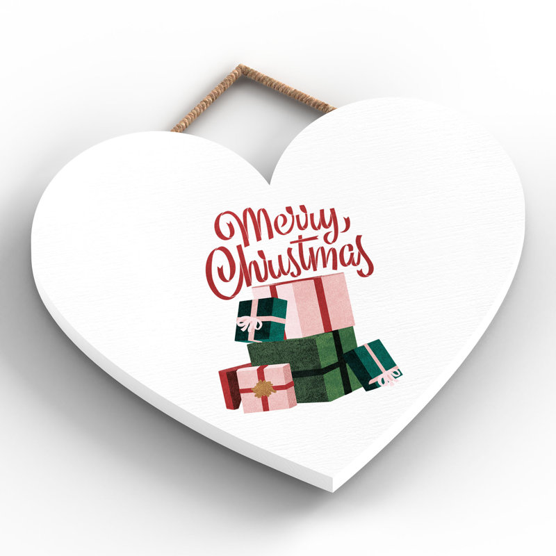 Xmas Merry Christmas Wooden Heart Plaque, 16cm H x 17cm W x 0.9cm D