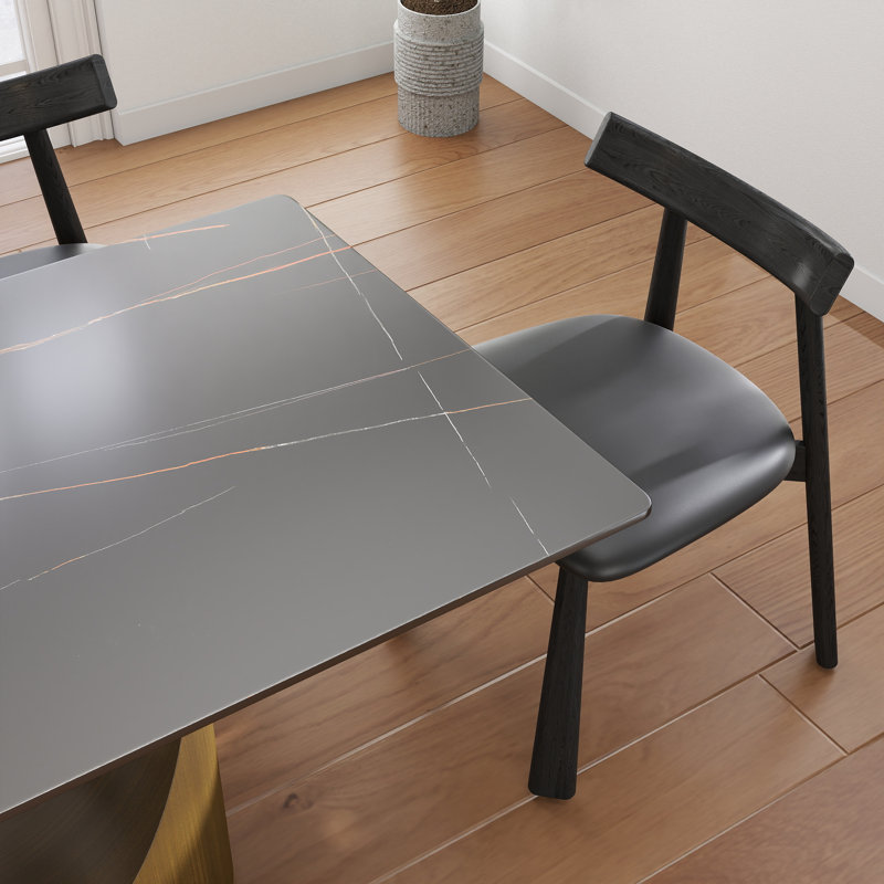 5-Piece Modern Rectangular Sintered Stone Dining Table Set With 4 Faux Leather Chairs, Lauren Blackgold, Black, Gold
