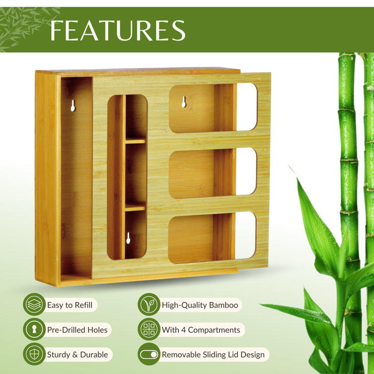 Bamboo Ziploc Organizer - Bag Dispenser for Kitchen Drawer, 12.5 x 12 x  3
