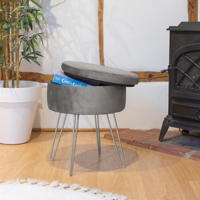 Metal Accent Stool, Velvet, Grey