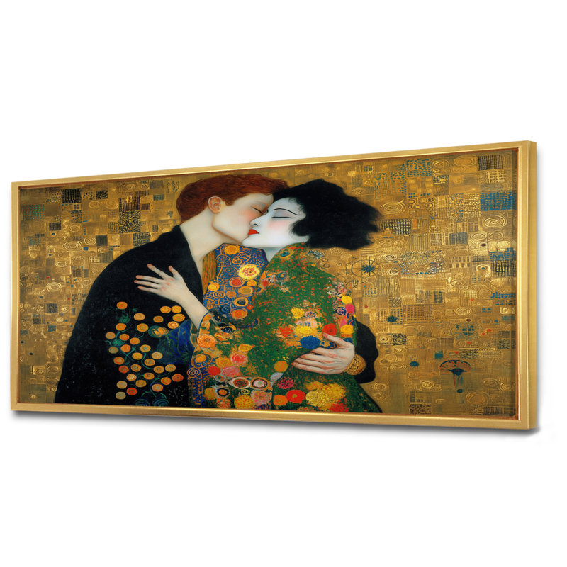 Impression intime sur toile, "Couple intime", H 28 po x l 60 po, Cadre flottant, Doré