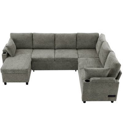 Upholstered U-Shaped Bed With Storage And Charging Feature - Convertible Hidden Pillows