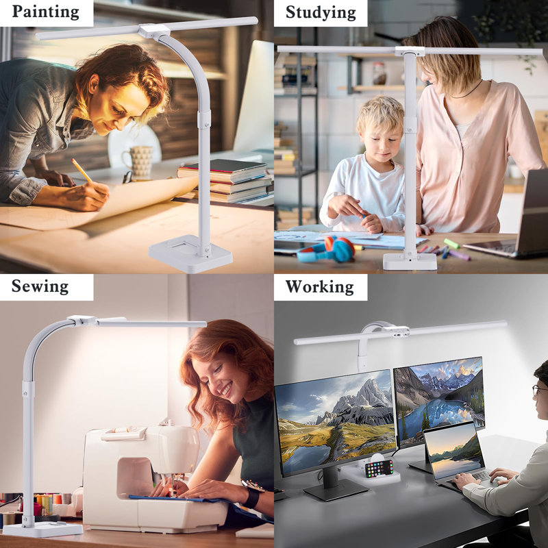 LED Desk Lamp For Home Office, 24W Bright Desk Lamp With Phone Holder Base - 25 Lighting Modes Eye-Caring Desk Light Adjustable Gooseneck Lamp For Workbench Drafting Reading Study-White