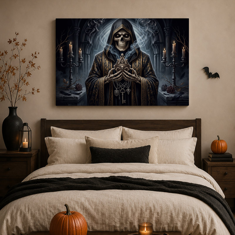 " Hooded Skeleton Holding Skull Censer In Gothic Halloween " Painting Print, H 16 po x l 24 po