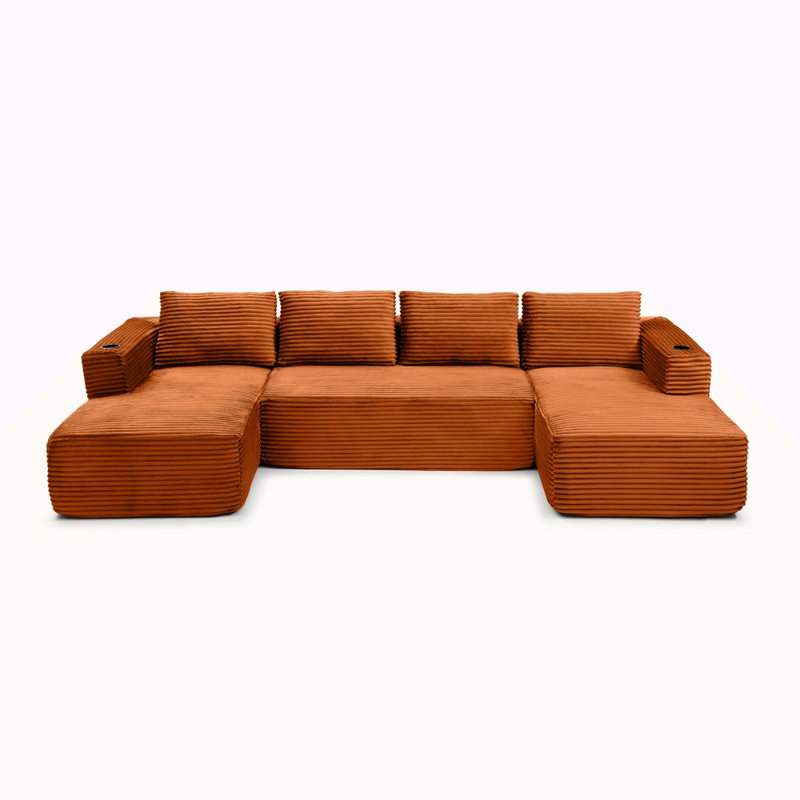 Grand canapé modulaire en forme de U sans dossier de 132 po avec méridienne, siège modulaire en forme de U avec siège profond 132 po, canapé confortable avec porte-gobelets, aucun assemblage requis