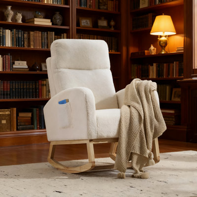 Modern Accent Rocking Chair (solid Wood Legs) - Nursery Glider With High Back & Side Pocket | Living Room/bedroom ，white