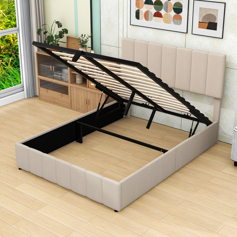 Upholstered Platform Bed with a Hydraulic Storage System, Full, Beige