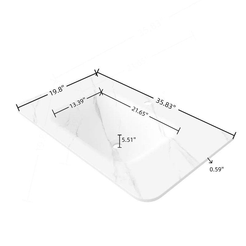Lavabo de salle de bain 36 po, lavabo intégré en pierre frittée blanche, sans armoire, sans robinet et bonde