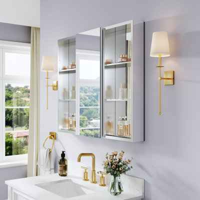 36''W X 30''H Recessed or Surface Wall Aluminum Bathroom Mirror  Medicine Cabinet And Open Shelf Set