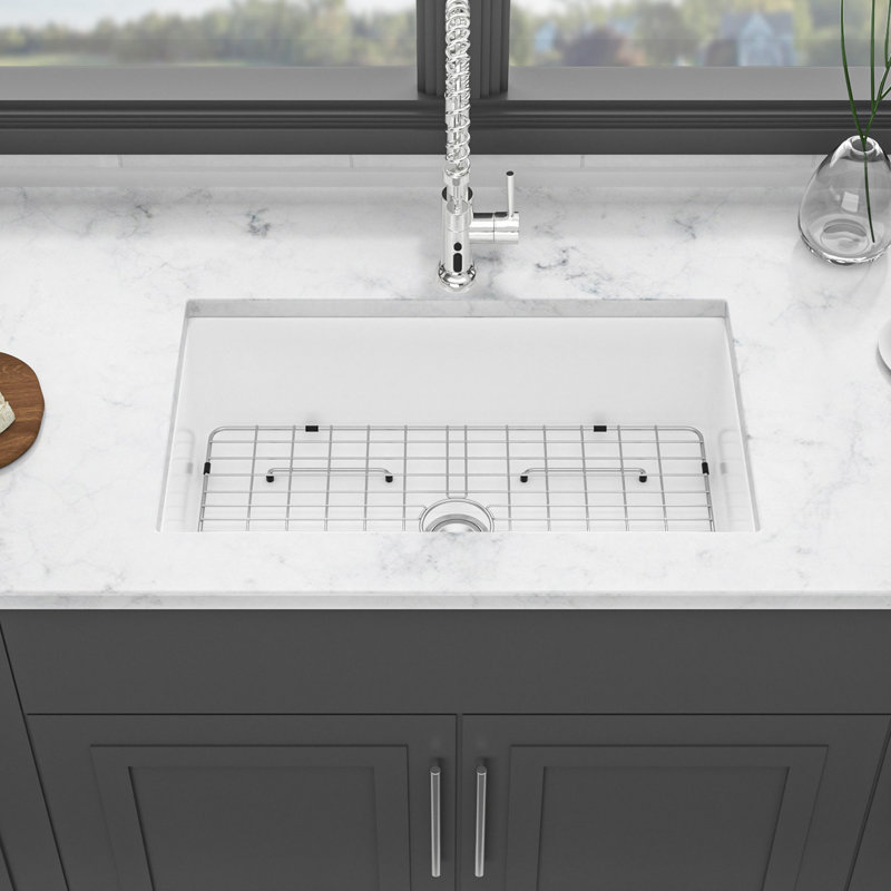 32" Undermount Single Bowl Ceramic Kitchen Sink, Dual Mount White Ceramic Rectangular Deep Single Bowl Sink Basin