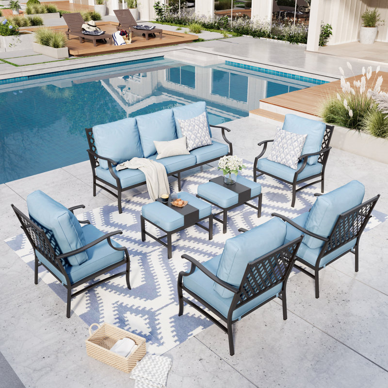 Asfand 9 - Person Outdoor Seating Group with Cushions, Blue