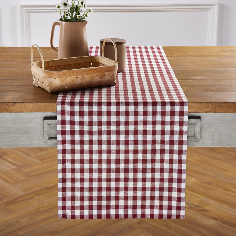 Gingham Checks - 100% Pure Linen Table Runner, 90" x 14", Burgundy