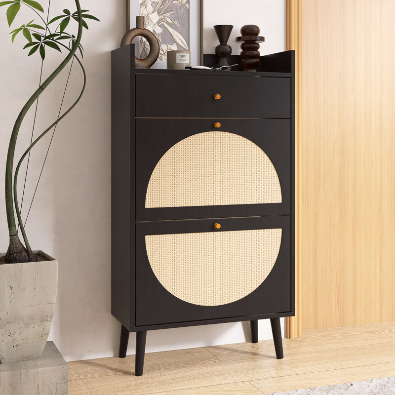 Rattan Shoe Storage Cabinet With Double Layer, Black