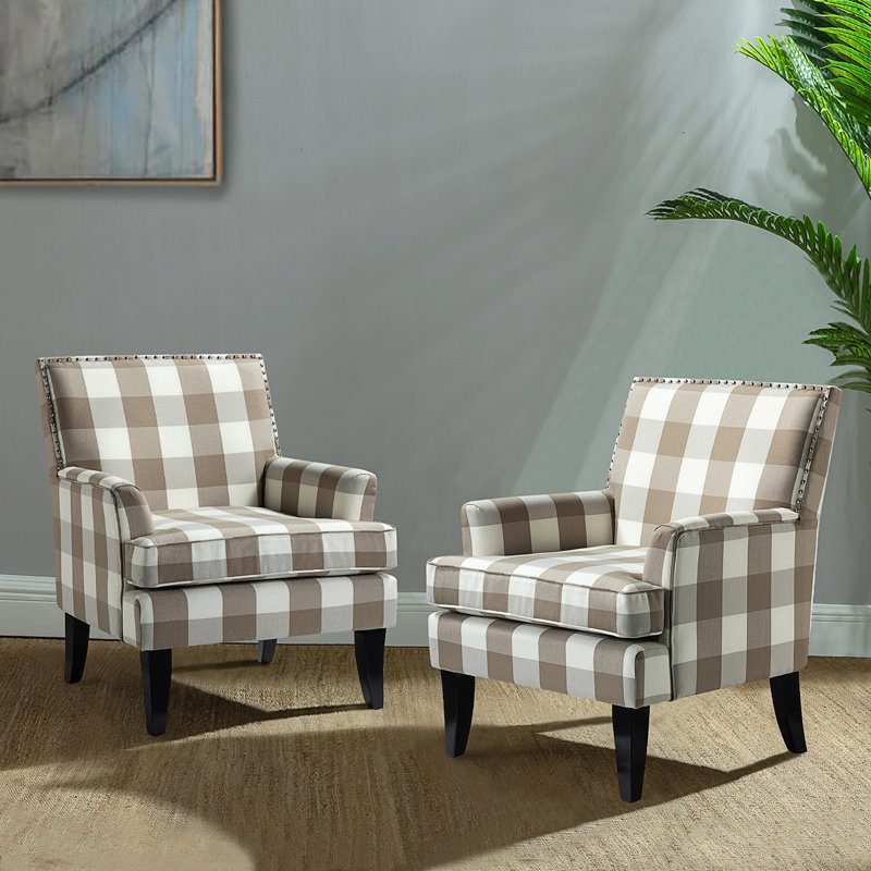 Iliana 27.15" Wide Transitional Upholstered Armchair with Nail Head Trim, Tan Check Polyester Blend