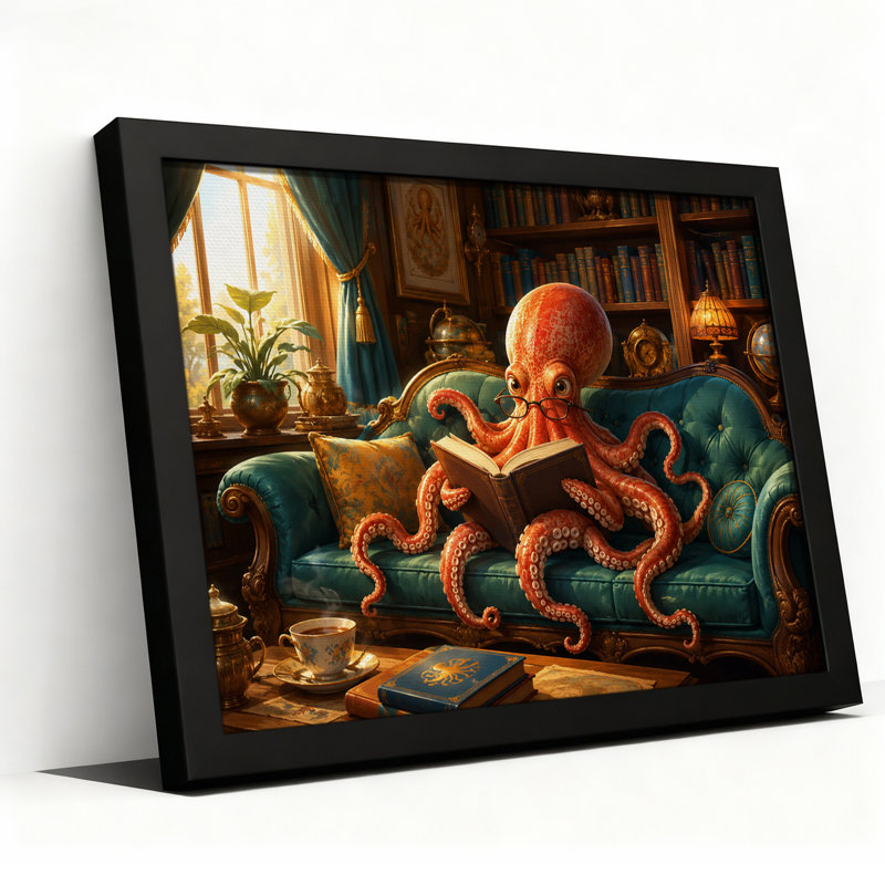 «Orange Octopus», lecture sur canevas bleu sarcelle capitonné, art mural d'Halloween, H 16 po x l 24 po