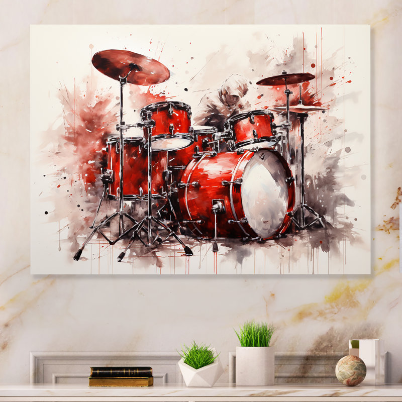 «Music Drums Pulse Deep Red» sur métal, H 16 po x l 32 po x P 1 po