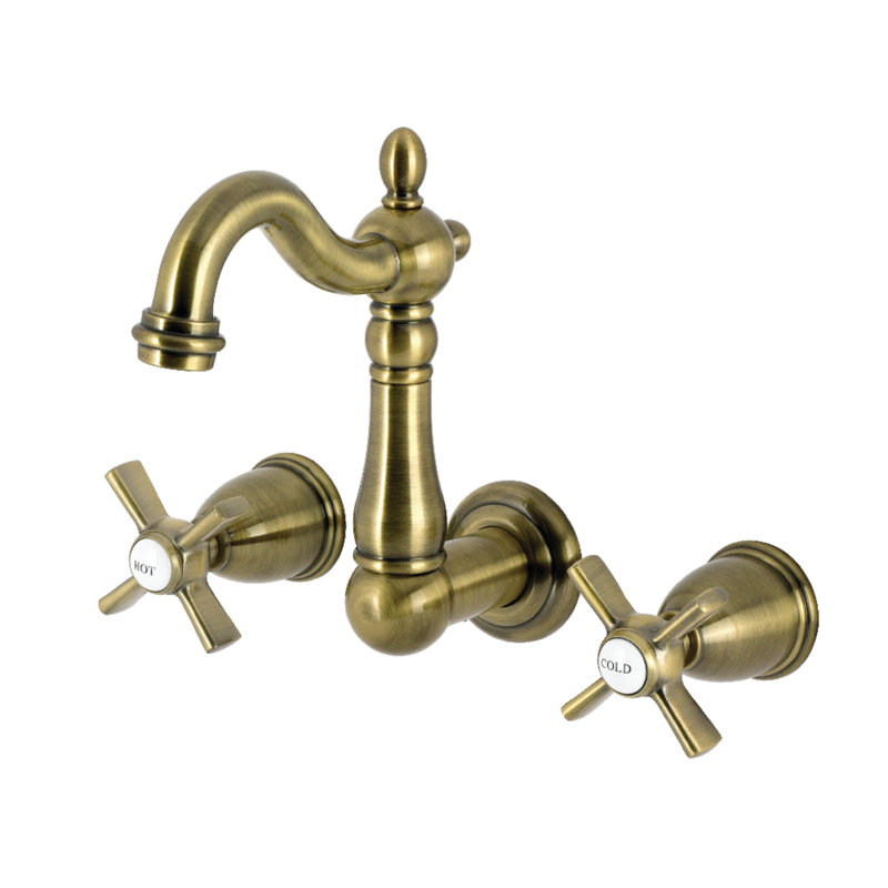Kingston Brass Millennium Double-Handle 3-Hole Wall Mount Bathroom Faucet, Antique Brass