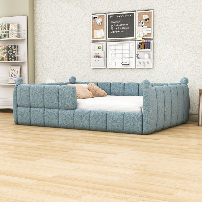 Lit tapissier de plancher avec rails entourant, Queen, Blue