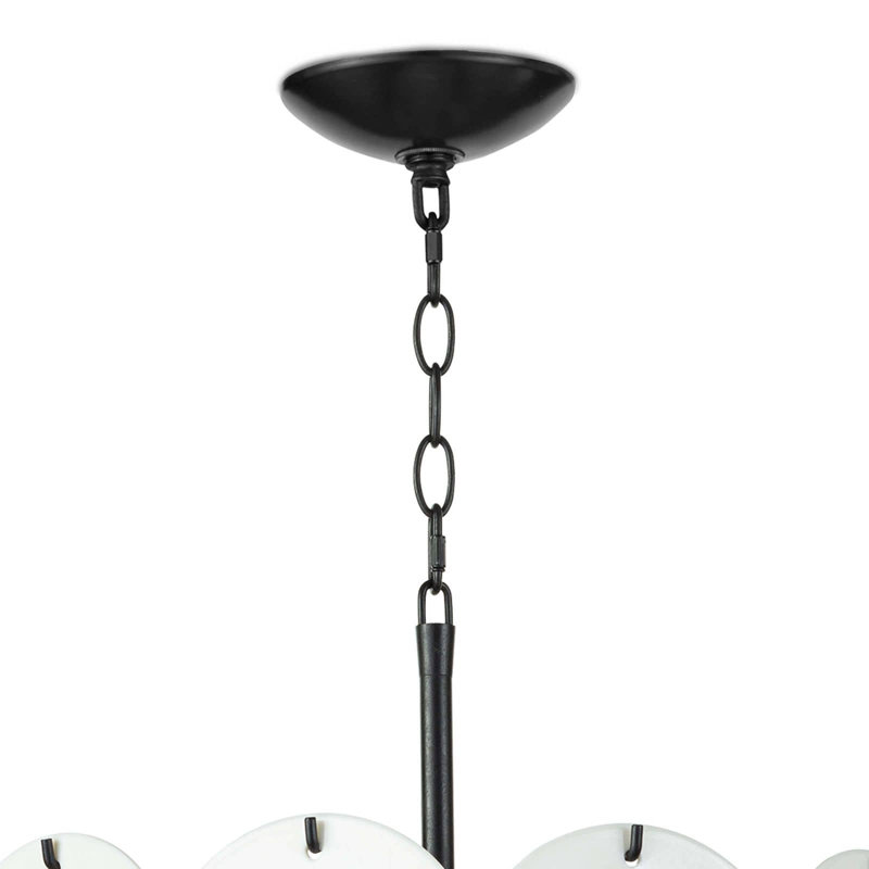 White Glass Disc Modern Chandelier with Blackened Iron Frame