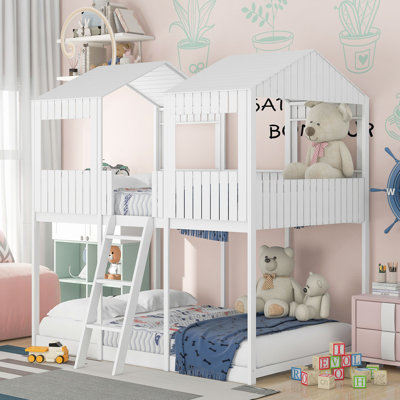 Wood Bunk Bed with Roof, Window, Guardrail, Ladder