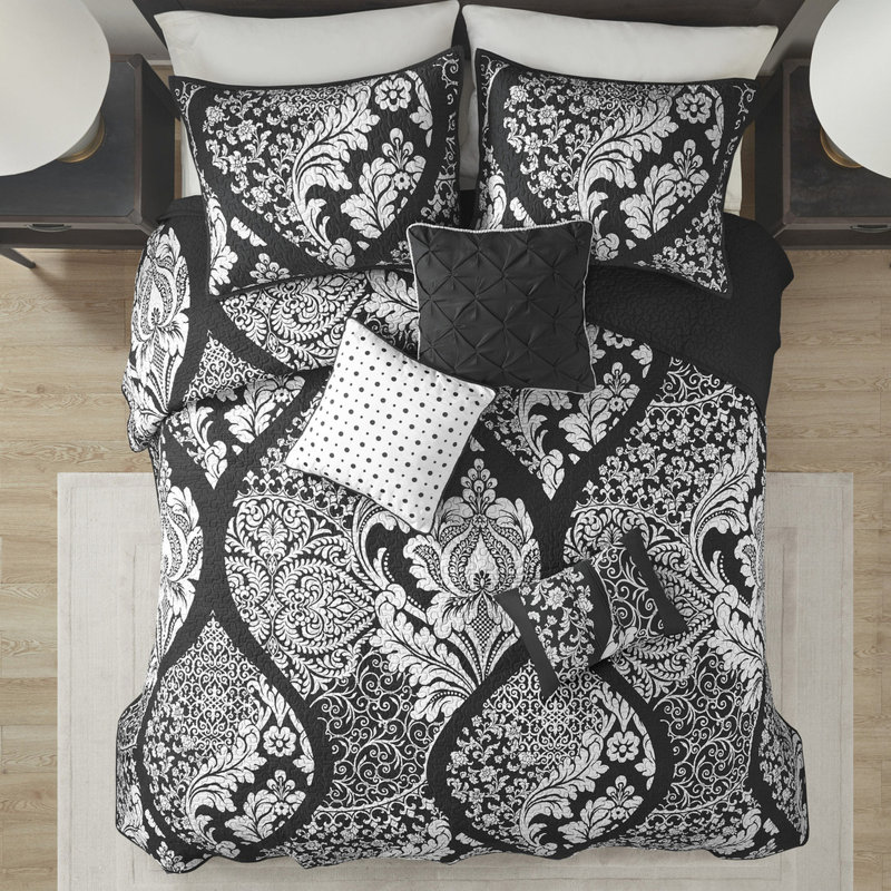 6 courtepointe très grand / très grand, imprimé noir, coton, matelassage sur toute la surface, coussins rembourrés 6 pièces avec coussins, coton / mélange