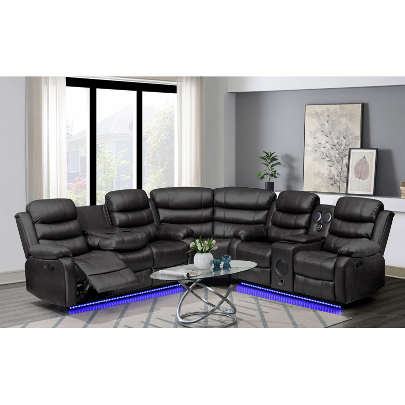 Bracyn 3 - Piece USB Vegan Leather Reclining Sectional with Sound System, Black Faux Leather